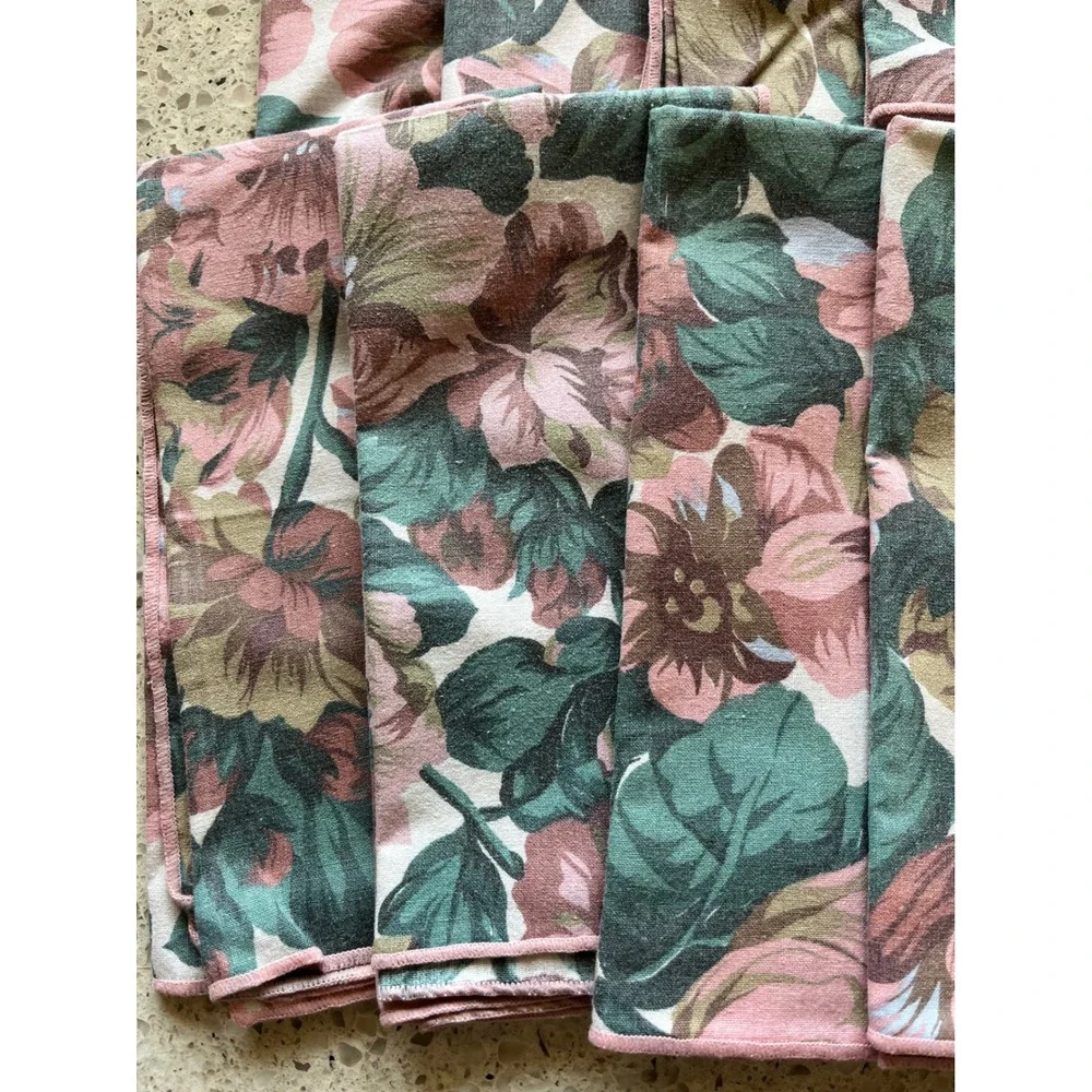 Vintage Floral Cloth Napkins Set of 10 Pink Green Rose Botanical Cottagecore